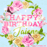 A charming animated GIF featuring 'Happy Birthday Jaione' in pink and green text, surrounded by delicate roses, leaves, and fluttering butterflies on a soft light blue pastel background.