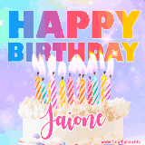 A vibrant animated name GIF with the words 'Happy Birthday Jaione' with colorful candles on a creamy cake. The background sparkles with pastel shades, adding a festive touch.