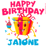A vibrant and funny gift box character with a happy face dancing with a cupcake and the text 'Happy Birthday Jaione,' surrounded by animated confetti and party vibes.
