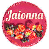Beautifully decorated red velvet berry birthday cake with vibrant fruits and a glowing 'Jaionna' name, adding a touch of sweetness and sparkle.