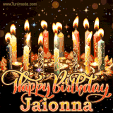 A glowing personalized birthday GIF with name Jaionna featuring lit candles with intricate designs, warm lighting, and the text 'Happy Birthday' in an elegant font.