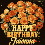 Animated bouquet of orange roses with moving butterfles and golden 'Happy Birthday Jaionna' text, surrounded by sparkling accents and a dark backdrop for a luxurious feel.