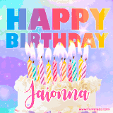 A vibrant animated name GIF with the words 'Happy Birthday Jaionna' with colorful candles on a creamy cake. The background sparkles with pastel shades, adding a festive touch.
