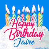 A cheerful animated GIF featuring colorful lit birthday candles on a white cake, with the text 'Happy Birthday Jaire' in bold red and blue script on a bright blue background.