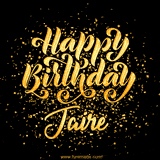 Animated GIF with colorful, festive 'Happy Birthday Jaire' text decorated with patterns, a party hat, and falling confetti. A vibrant and cheerful design for birthday celebrations.