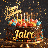 Birthday cake animation for Jaire featuring glowing yellow candles, colorful decorative candy, and golden letters.