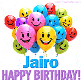 An animated birthday-themed name GIF with colorful smiling balloons and bold 'Jairo, Happy Birthday!' text for a celebratory touch.