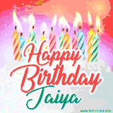Bright birthday candles with rainbow flames on a cake, alongside the text 'Happy Birthday Jaiya' in vibrant script in this celebratory animated GIF.