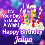 A colorful birthday GIF for Jaiya featuring a cupcake with vibrant lit candles and the text 'It's Your Day to Make a Wish! Happy Birthday Jaiya' in bold letters on a festive purple background.
