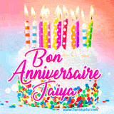 A white birthday cake covered in colorful sprinkles, topped with bright candles, and French text 'Bon Anniversaire Jaiya' on a pastel gradient background in an animated GIF.