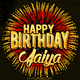 Golden 'Happy Birthday Jaiya' text accompanied by animated rainbow fireworks for a festive animated greeting.
