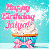 A festive cupcake with pink icing, a gingham bow, and a lit animated sparkler, paired with 'Happy Birthday Jaiya!' in bright pink text.