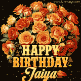 Animated bouquet of orange roses with moving butterfles and golden 'Happy Birthday Jaiya' text, surrounded by sparkling accents and a dark backdrop for a luxurious feel.