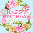 A charming animated GIF featuring 'Happy Birthday Jaiya' in pink and green text, surrounded by delicate roses, leaves, and fluttering butterflies on a soft light blue pastel background.