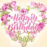 A stunning heart made of pink roses surrounds the elegant script text 'Happy Birthday Jaiya' on a soft beige background. Animated sparkles add a magical and festive feel.
