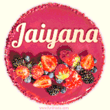 Beautifully decorated red velvet berry birthday cake with vibrant fruits and a glowing 'Jaiyana' name, adding a touch of sweetness and sparkle.