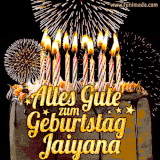 A chocolate birthday cake with glowing candles, the German text 'Alles Gute zum Geburtstag Jaiyana,' and vibrant fireworks lighting up the background in an animated GIF.