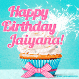 A festive cupcake with pink icing, a gingham bow, and a lit animated sparkler, paired with 'Happy Birthday Jaiyana!' in bright pink text.