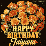 Animated bouquet of orange roses with moving butterfles and golden 'Happy Birthday Jaiyana' text, surrounded by sparkling accents and a dark backdrop for a luxurious feel.
