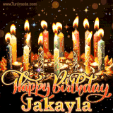 A glowing personalized birthday GIF with name Jakayla featuring lit candles with intricate designs, warm lighting, and the text 'Happy Birthday' in an elegant font.