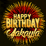 Golden 'Happy Birthday Jakayla' text accompanied by animated rainbow fireworks for a festive animated greeting.