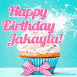 A festive cupcake with pink icing, a gingham bow, and a lit animated sparkler, paired with 'Happy Birthday Jakayla!' in bright pink text.