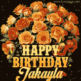 Animated bouquet of orange roses with moving butterfles and golden 'Happy Birthday Jakayla' text, surrounded by sparkling accents and a dark backdrop for a luxurious feel.