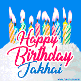 A cheerful animated GIF featuring colorful lit birthday candles on a white cake, with the text 'Happy Birthday Jakhai' in bold red and blue script on a bright blue background.