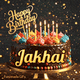 A personalized birthday cake for Jakhai on a gold platter, surrounded by falling golden star confetti.