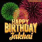 A captivating GIF with bursts of green, pink, and orange fireworks lighting up the night sky, accompanied by 'Happy Birthday Jakhai' in glowing golden text.