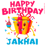 A funny animated birthday GIF with the words 'Happy Birthday Jakhaia', colorful gift box with arms and legs, holding a cupcake with a lit candle  with confetti everywhere.
