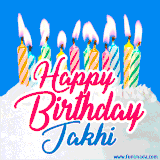 A cheerful animated GIF featuring colorful lit birthday candles on a white cake, with the text 'Happy Birthday Jakhi' in bold red and blue script on a bright blue background.