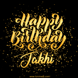 Animated GIF with colorful, festive 'Happy Birthday Jakhi' text decorated with patterns, a party hat, and falling confetti. A vibrant and cheerful design for birthday celebrations.