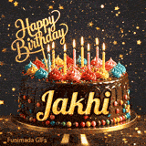 An animated birthday image featuring a rich chocolate cake with colorful cream swirls and the name Jakhi written on the front.