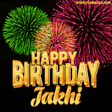A captivating GIF with bursts of green, pink, and orange fireworks lighting up the night sky, accompanied by 'Happy Birthday Jakhi' in glowing golden text.