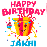 A funny animated birthday GIF with the words 'Happy Birthday Jakhia', colorful gift box with arms and legs, holding a cupcake with a lit candle  with confetti everywhere.