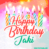 Bright birthday candles with rainbow flames on a cake, alongside the text 'Happy Birthday Jaki' in vibrant script in this celebratory animated GIF.