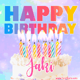 A vibrant animated name GIF with the words 'Happy Birthday Jaki' with colorful candles on a creamy cake. The background sparkles with pastel shades, adding a festive touch.