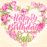 A stunning heart made of pink roses surrounds the elegant script text 'Happy Birthday Jaki' on a soft beige background. Animated sparkles add a magical and festive feel.