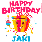 A vibrant and funny gift box character with a happy face dancing with a cupcake and the text 'Happy Birthday Jaki,' surrounded by animated confetti and party vibes.