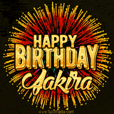 Golden 'Happy Birthday Jakira' text accompanied by animated rainbow fireworks for a festive animated greeting.