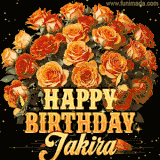 Animated bouquet of orange roses with moving butterfles and golden 'Happy Birthday Jakira' text, surrounded by sparkling accents and a dark backdrop for a luxurious feel.