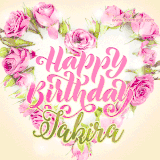 A stunning heart made of pink roses surrounds the elegant script text 'Happy Birthday Jakira' on a soft beige background. Animated sparkles add a magical and festive feel.