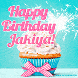 A festive cupcake with pink icing, a gingham bow, and a lit animated sparkler, paired with 'Happy Birthday Jakiya!' in bright pink text.