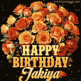 Animated bouquet of orange roses with moving butterfles and golden 'Happy Birthday Jakiya' text, surrounded by sparkling accents and a dark backdrop for a luxurious feel.