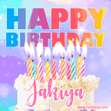 A vibrant animated name GIF with the words 'Happy Birthday Jakiya' with colorful candles on a creamy cake. The background sparkles with pastel shades, adding a festive touch.