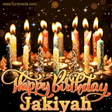 A glowing personalized birthday GIF with name Jakiyah featuring lit candles with intricate designs, warm lighting, and the text 'Happy Birthday' in an elegant font.