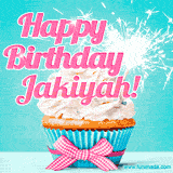 A festive cupcake with pink icing, a gingham bow, and a lit animated sparkler, paired with 'Happy Birthday Jakiyah!' in bright pink text.