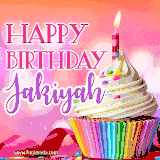 A vibrant birthday GIF featuring a rainbow-colored cupcake topped with white frosting, sprinkles, and a lit candle. The text reads 'Happy Birthday Jakiyah' in bold pink and violet letters with white outline.