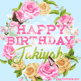 A charming animated GIF featuring 'Happy Birthday Jakiyah' in pink and green text, surrounded by delicate roses, leaves, and fluttering butterflies on a soft light blue pastel background.